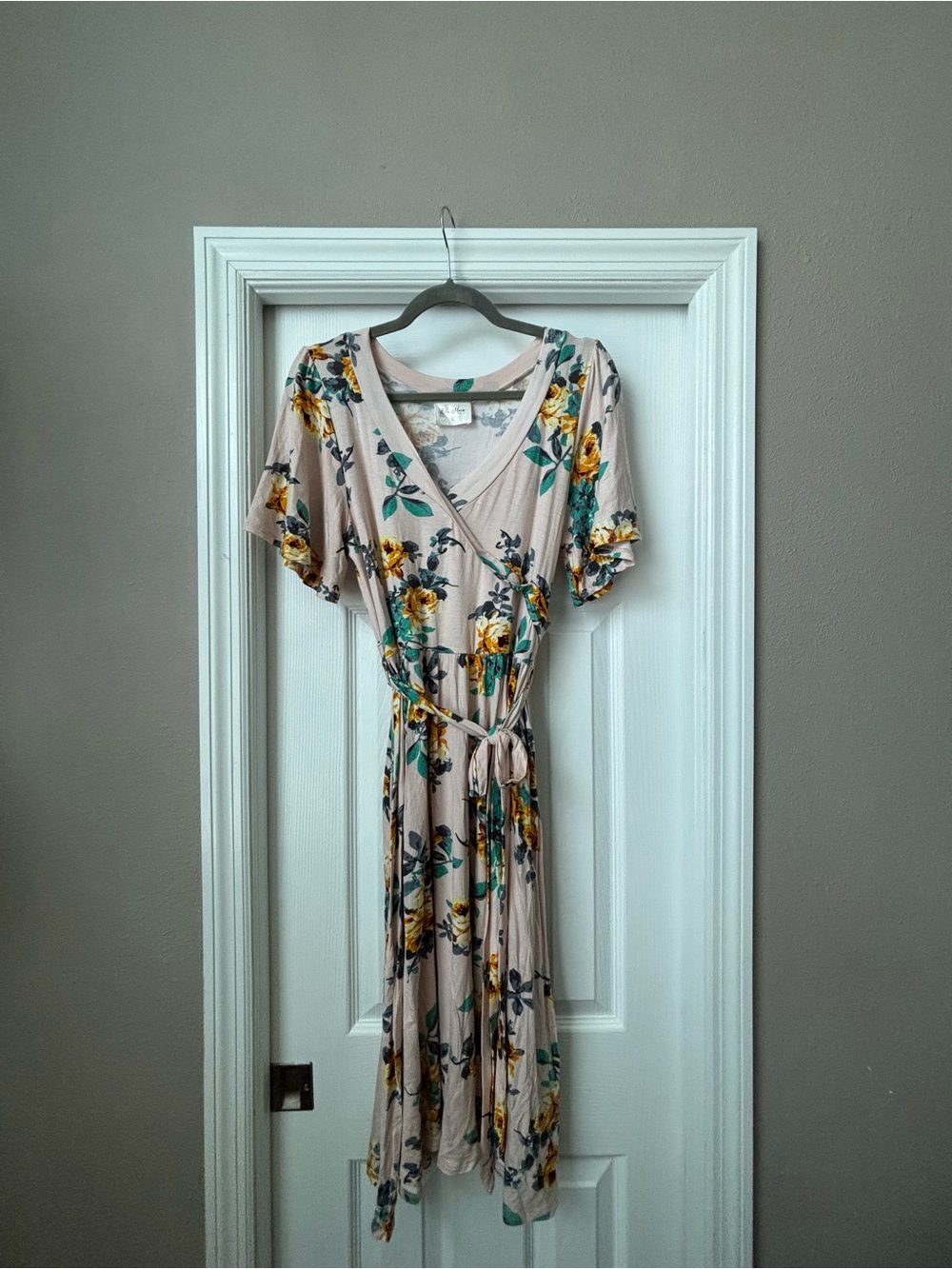 Blush Floral Wrap Midi Dress with Yellow & Teal Accents